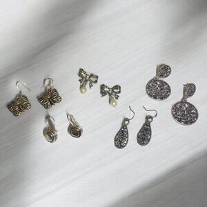 Lot 5 pairs Silver Tone Pierced Earrings Marcasite, Faux Pearls, Various Shapes